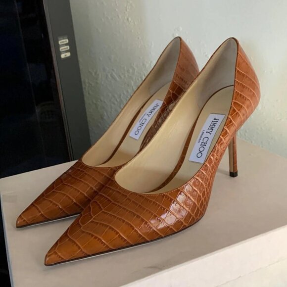 Jimmy Choo Love 85 Brown Croc Embossed Pointed Toe Pumps - Picture 4 of 5